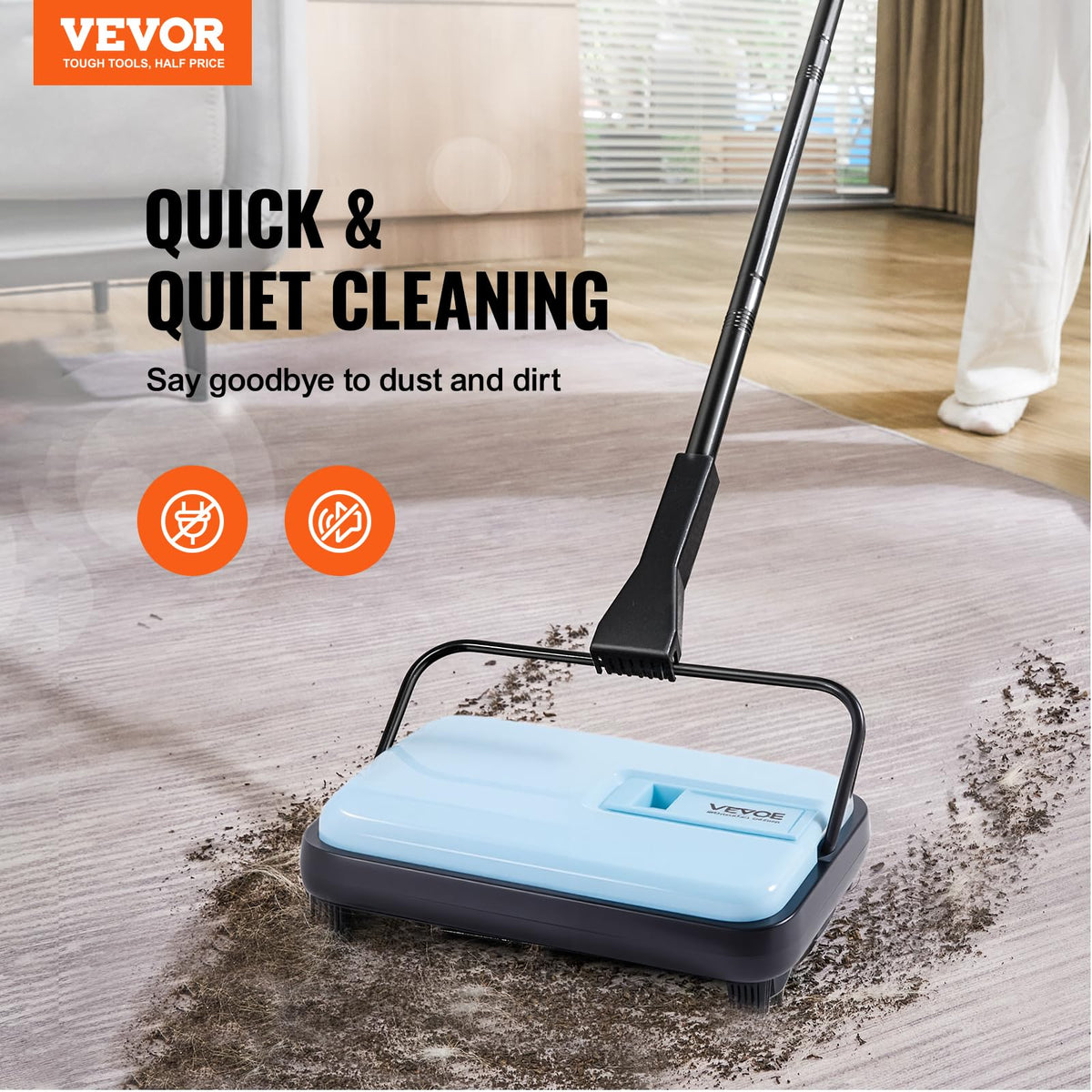 VEVOR carpet sweeper roller brush close-up, powerful pickup of dust and crumbs.