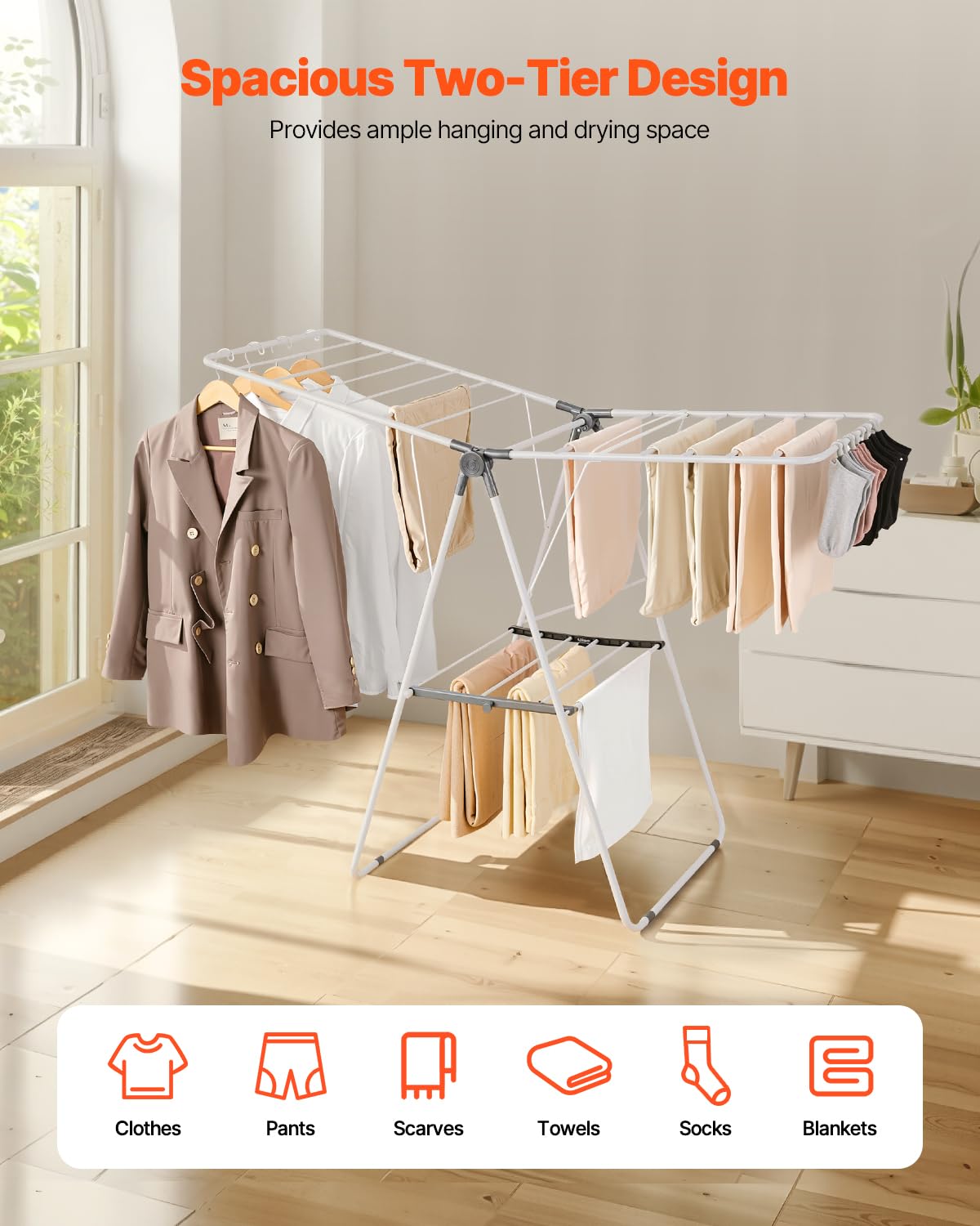 VEVOR 21-rods drying rack offers generous capacity for shirts, pants, and towels.