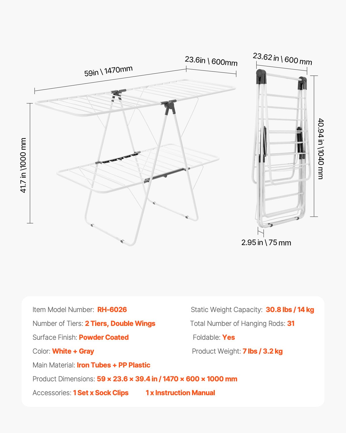 VEVOR outdoor and indoor use with free-standing design keeps laundry flexible