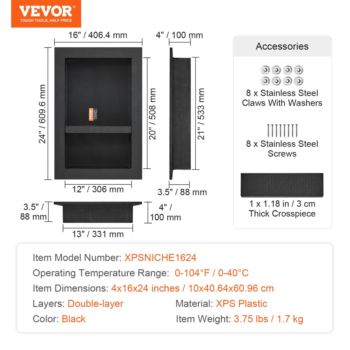VEVOR shower niche black finish blends with modern bathroom design.
