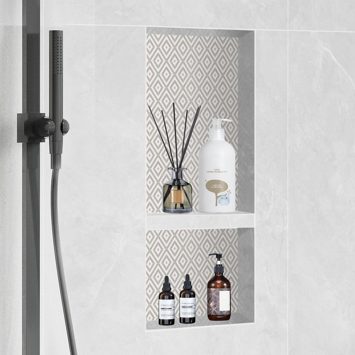 VEVOR niche with two shelves keeps essentials within reach during showers.