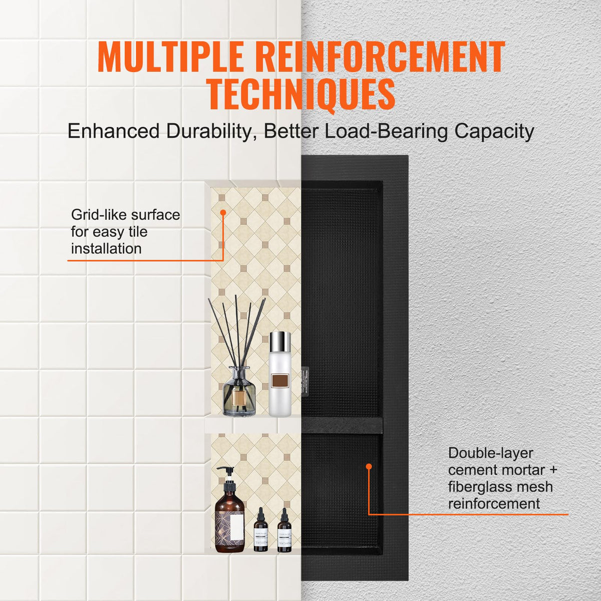 VEVOR recessed wall-inserted niche fits tile surfaces for a clean bathroom look.