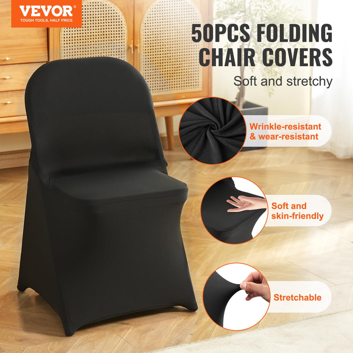 Close-up of VEVOR universal-fit fabric showing elasticity and wrinkle resistance