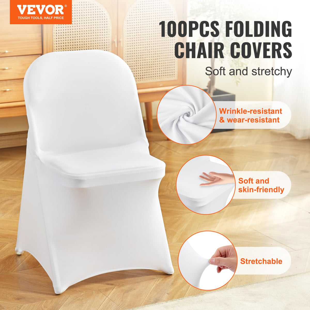 VEVOR universal fitted chair cover on banquet chair, seamless dining look.