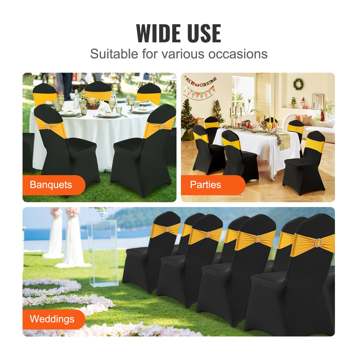 VEVOR wedding and banquet décor transforms chairs into cohesive black seating