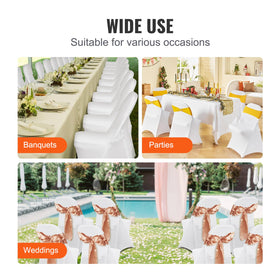 VEVOR white chair covers transforming old chairs for wedding reception.