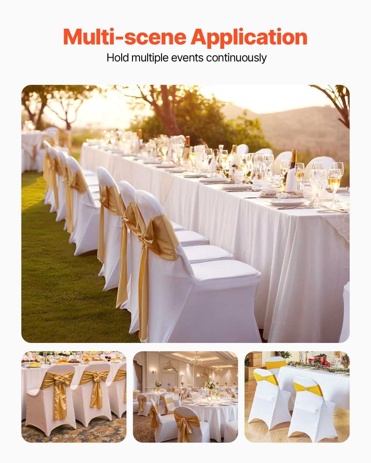 VEVOR white folding chair cover on a wood chair at a wedding