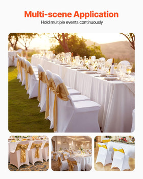 VEVOR white folding chair cover on a wood chair at a wedding