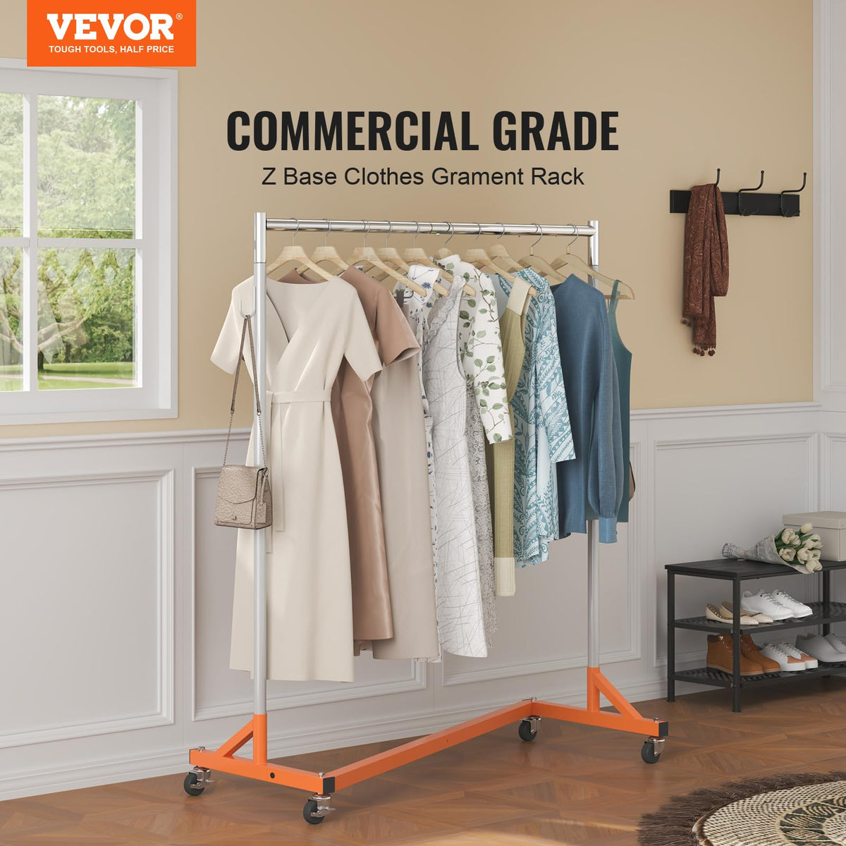 vevor z rack with four casters enables easy mobility around a room.