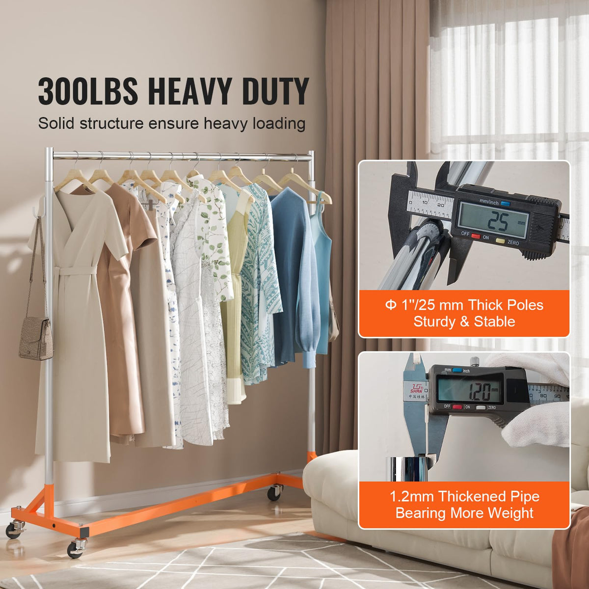 vevor z rack tall profile demonstrates 70.9 inch height for long garments.