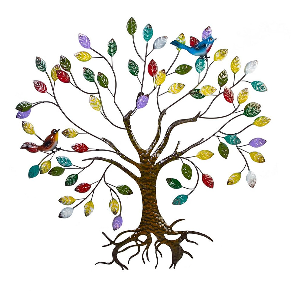 VEWOSTAR Tree of Life metal wall art with colorful leaves, suitable for indoor or outdoor use.