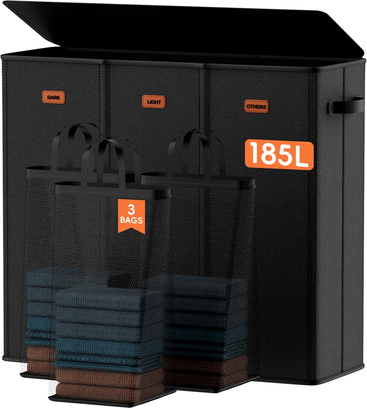 Vexalora 185L three-section hamper with lid for organized sorting.