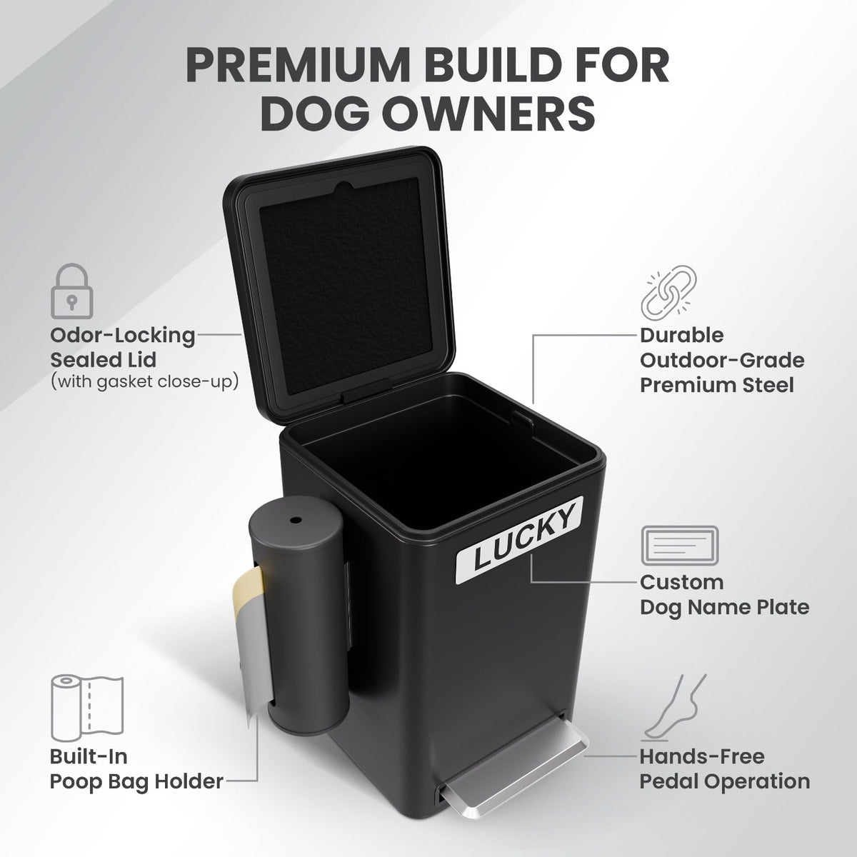 Veydra 6L metal dog waste bin with charcoal filter controls odors.