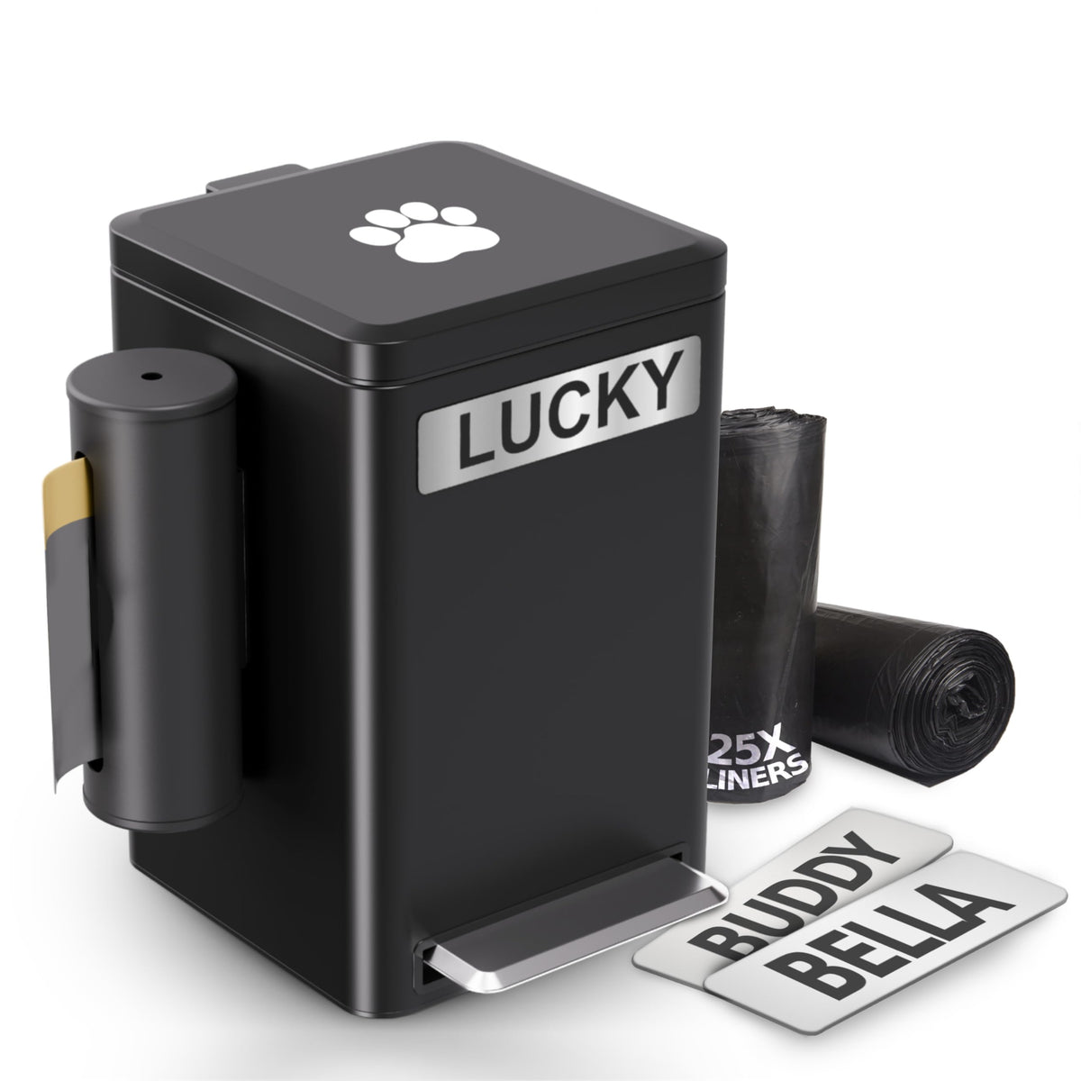 Veydra outdoor dog poop trash can with soft-close lid for quiet disposal.