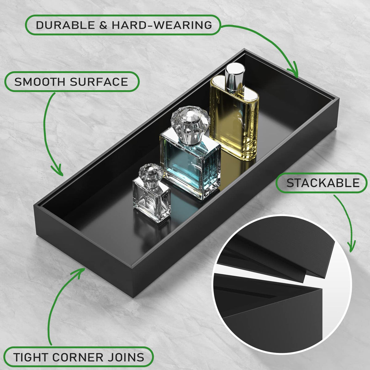 VeyFey bathroom organizer tray on counter keeps bottles secure