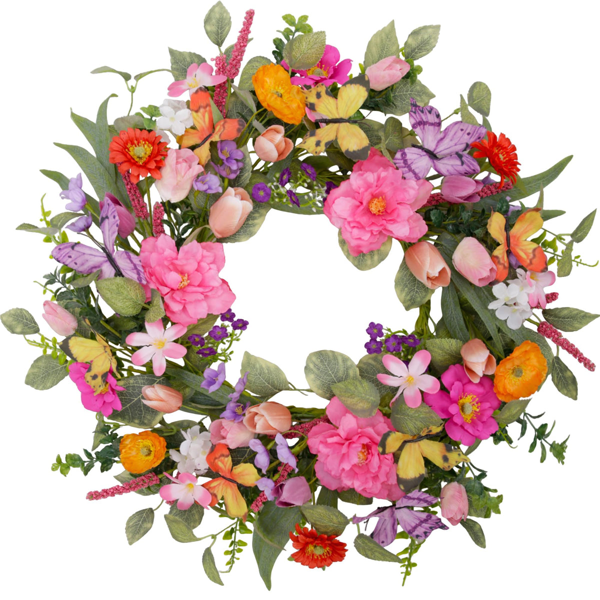 VGIA 20-inch spring wreath on front door with tulips enhances curb appeal.