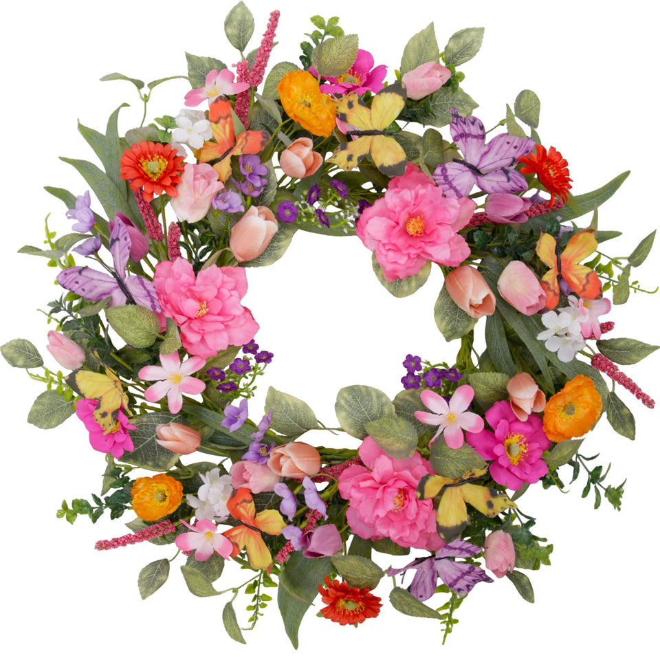 VGIA 20-inch spring wreath on front door with tulips enhances curb appeal.