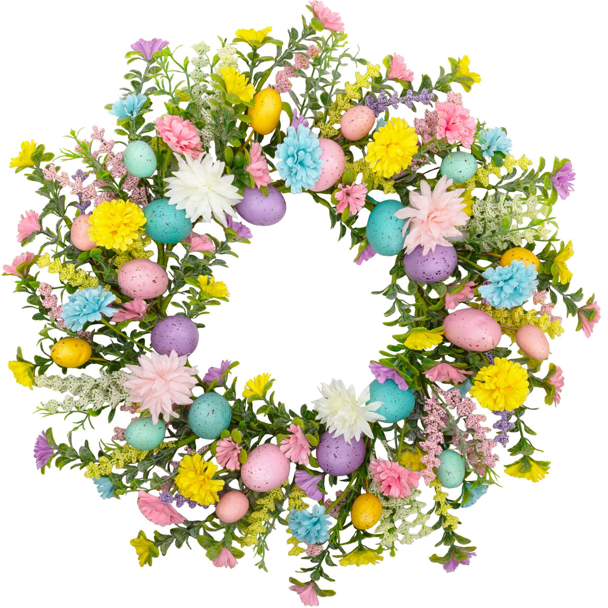 VGIA 20-inch Easter wreath on front door showing pastel eggs for spring welcome