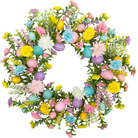 VGIA 20-inch Easter wreath on front door showing pastel eggs for spring welcome