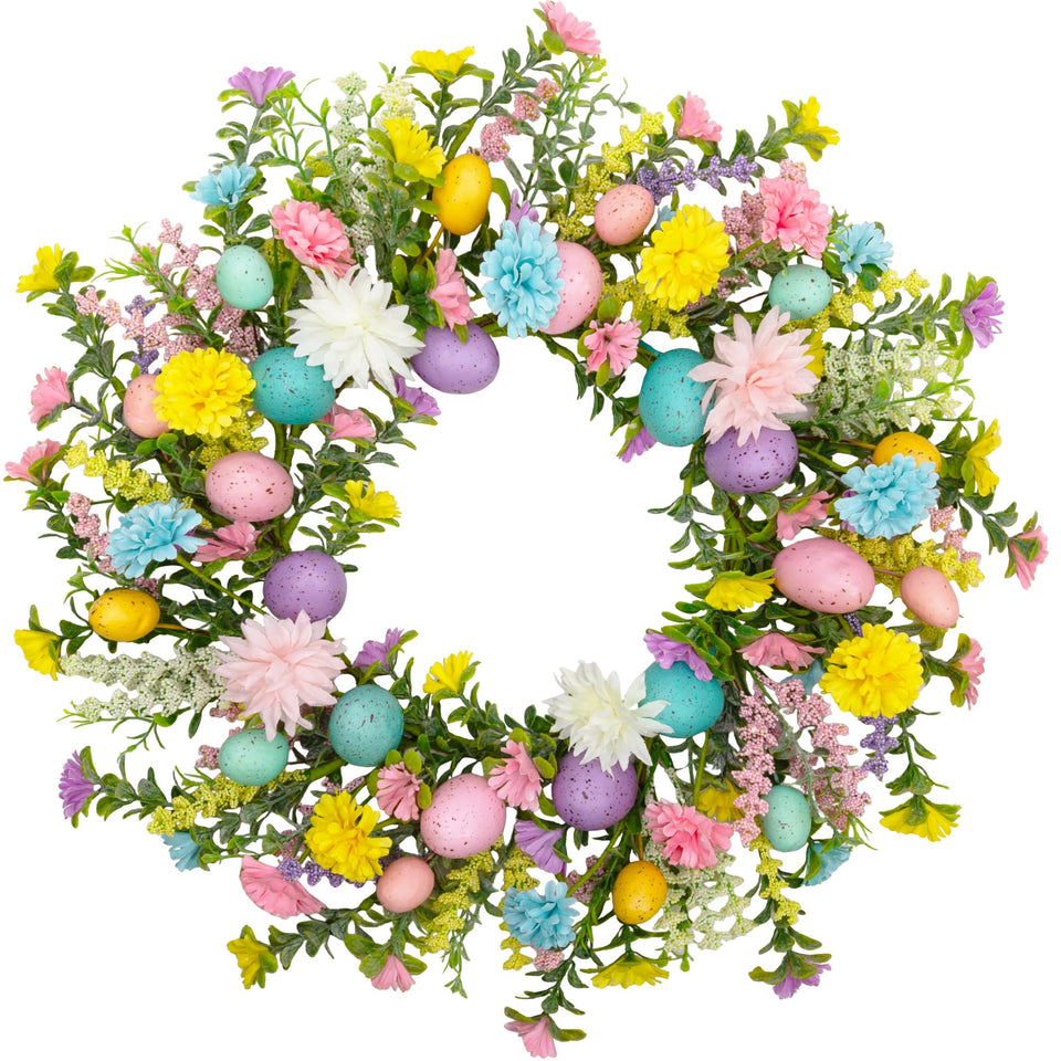 VGIA 20-inch Easter wreath on front door showing pastel eggs for spring welcome