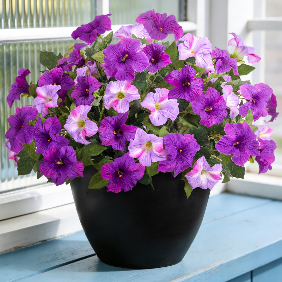 VGNQA six artificial petunia stems for outdoor use brighten porches.