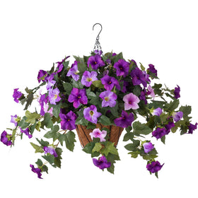 VGNQA artificial petunia flowers in an outdoor hanging basket for curb appeal