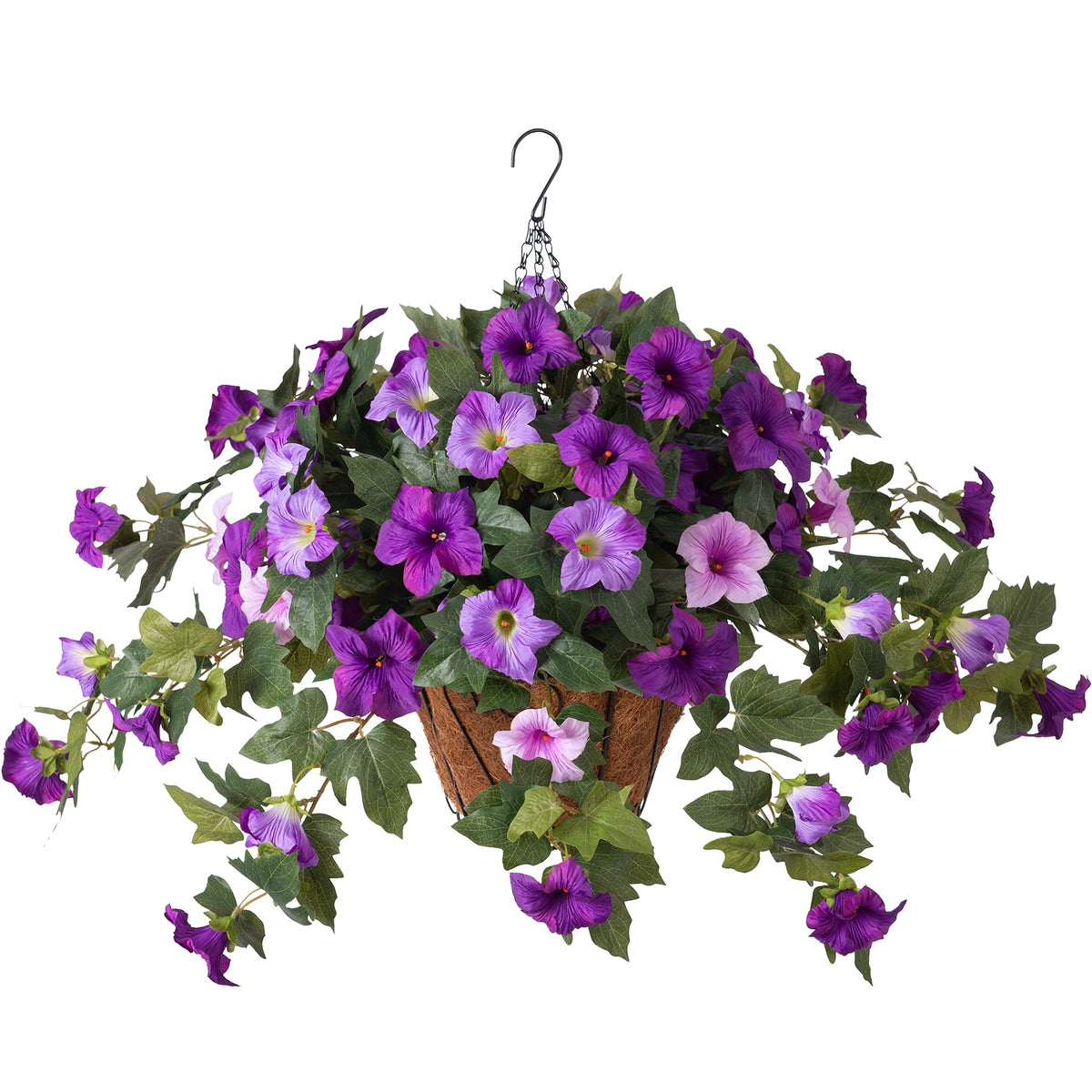 VGNQA artificial petunia flowers in an outdoor hanging basket for curb appeal