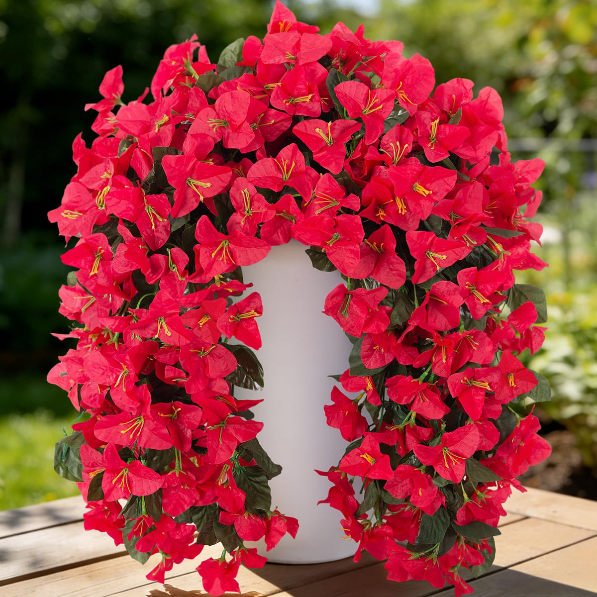 VGNQA fake bougainvillea outdoor vines in a hanging planter for year-round color.