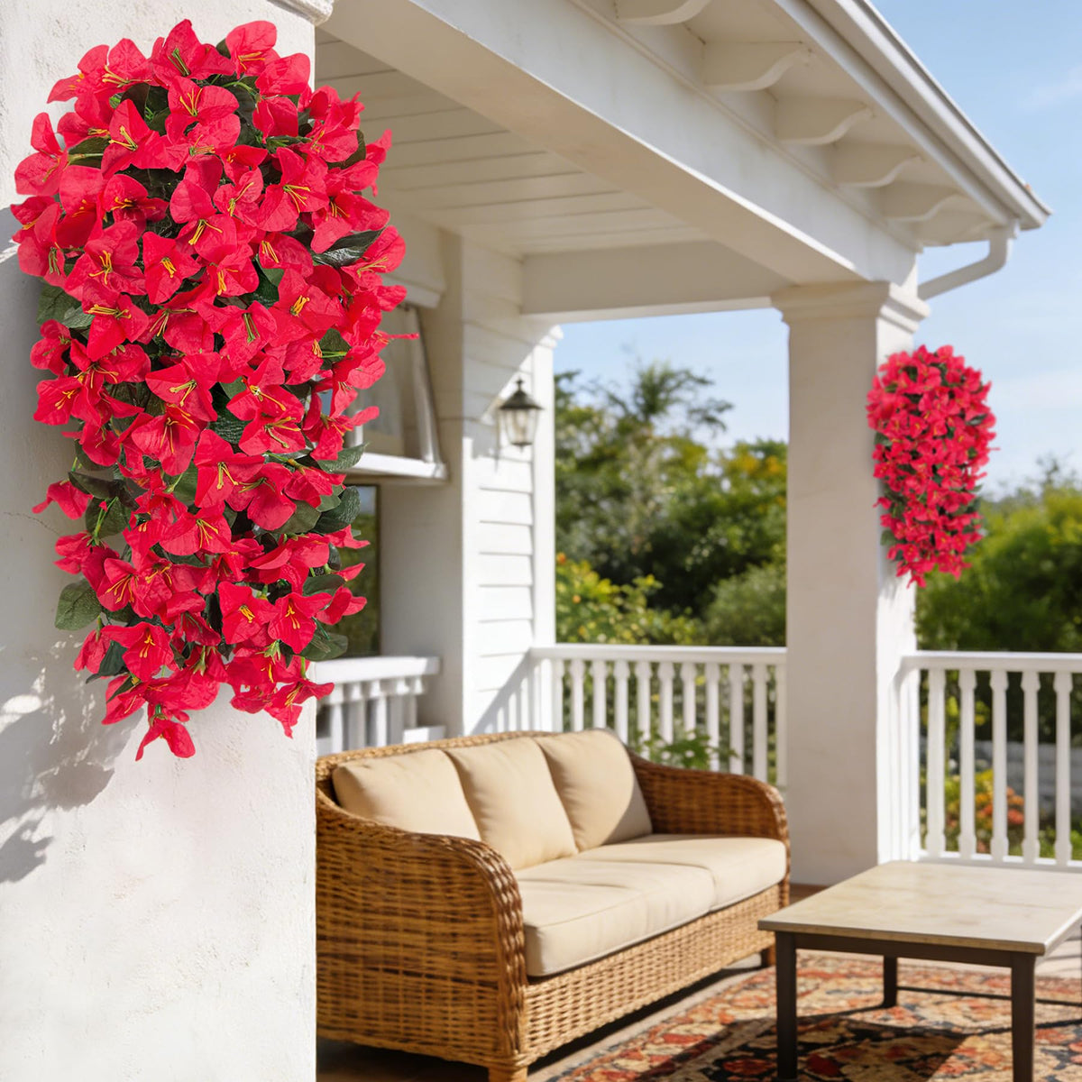 VGNQA fake bougainvillea outdoor vines on a porch railing boost curb appeal.