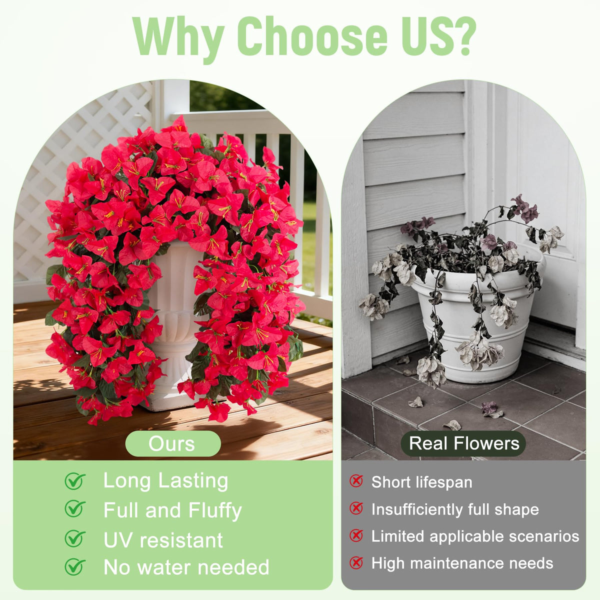 VGNQA fake bougainvillea outdoor vines in an urn planter for lasting color.