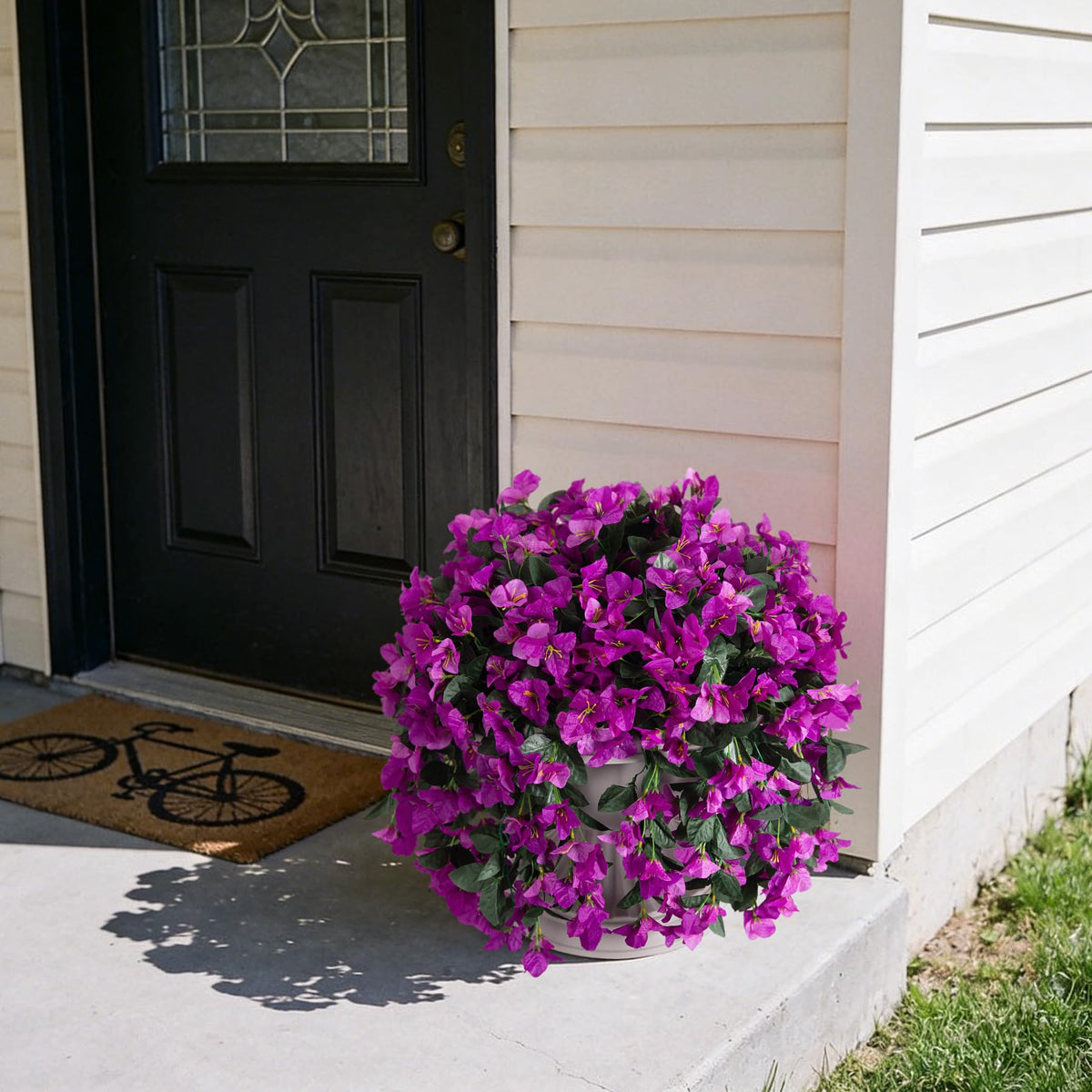 Hanging bougainvillea vines arranged in planters for porch decor.