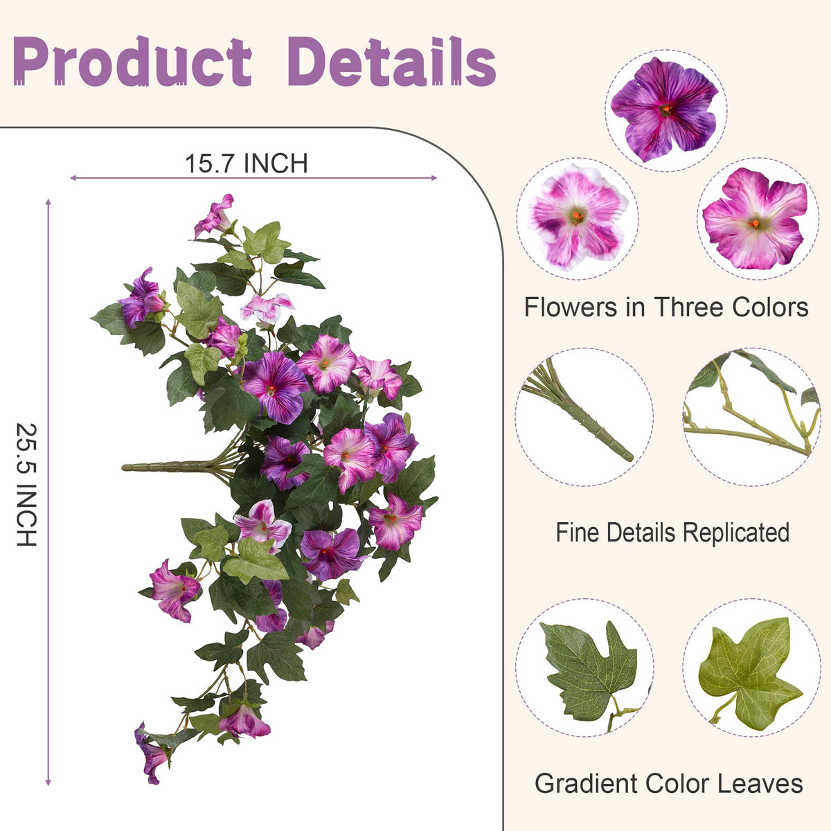 VGNQA petunia stems measure 25.5 by 15.7 inches with 2.7 inch blooms.