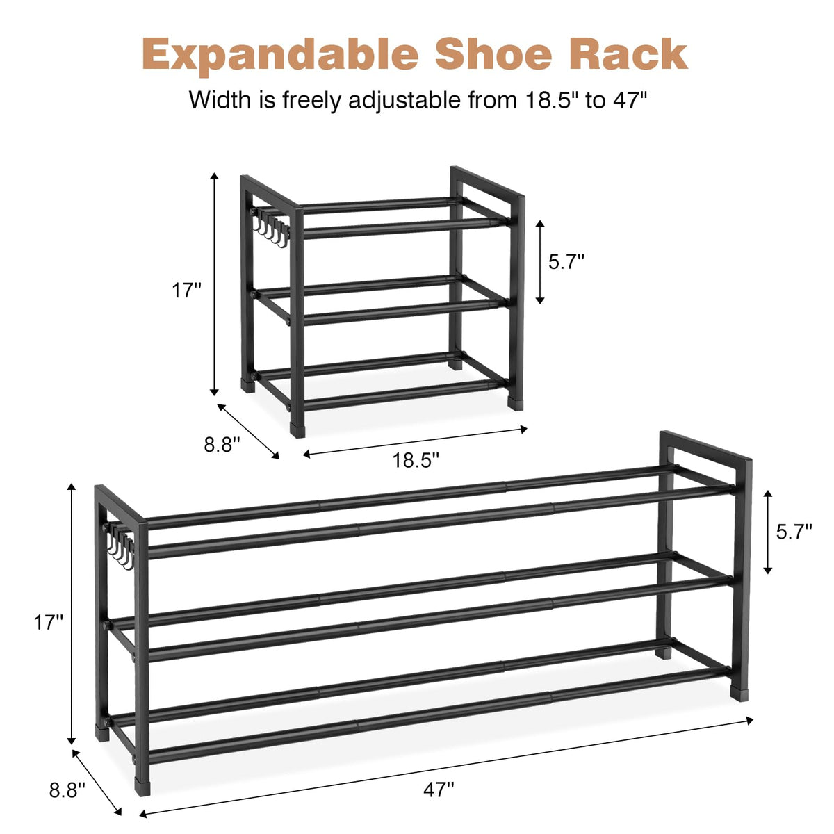 VGOBLO Expandable Shoe Rack side view highlights sturdy metal frame