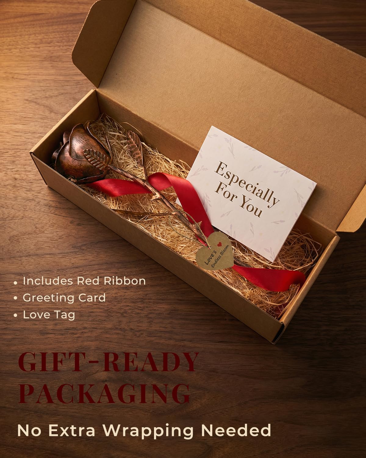 VGYGLS gift ready red ribbon rose, ready for gifting with card included.