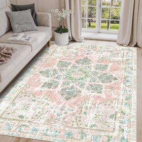 Vhong boho area rug in dusty pink and green adds cozy style to living spaces.