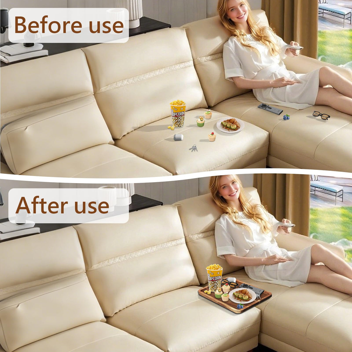 Vibaruta sofa tray folds for easy storage when not in use.