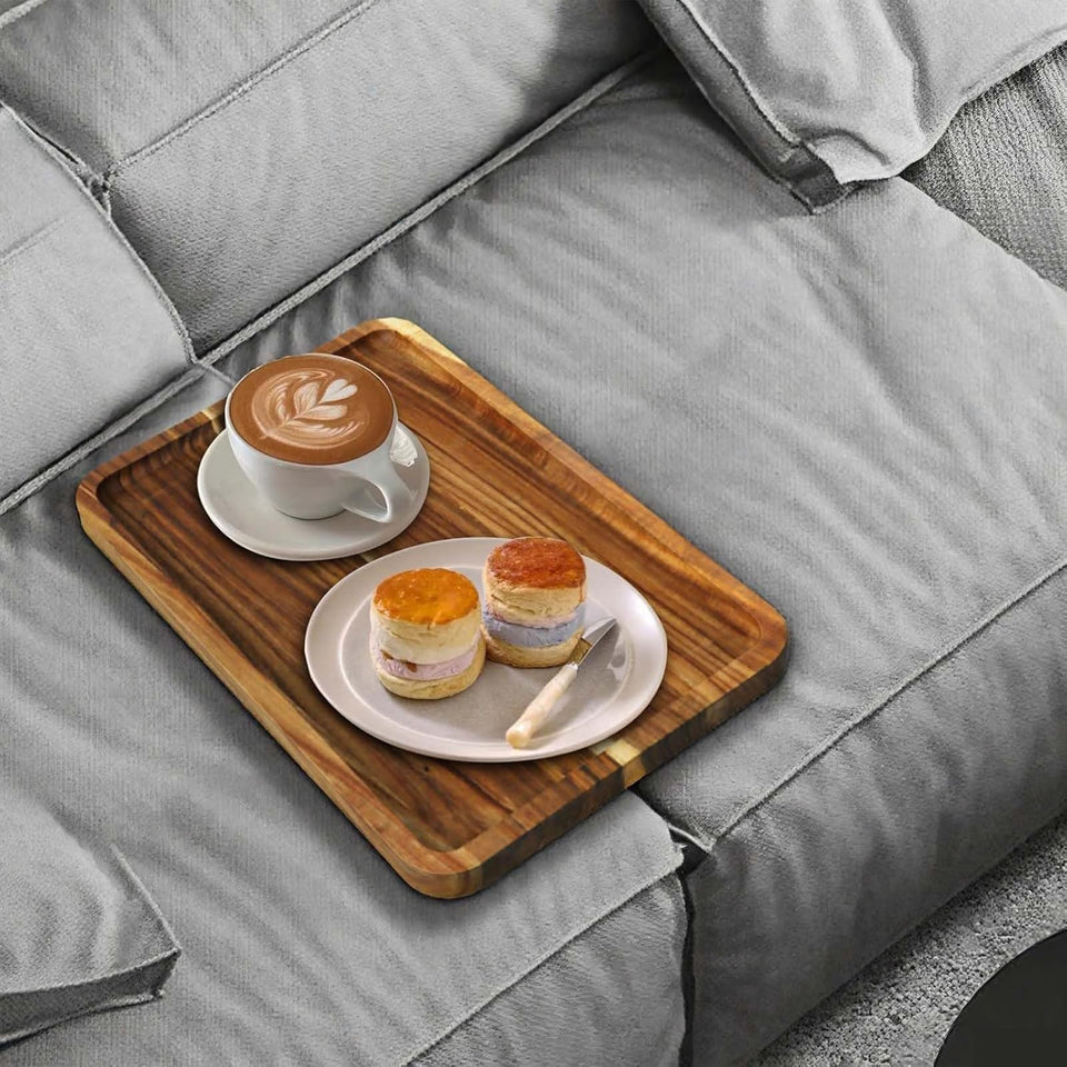 Vibaruta sofa tray rectangle in acacia wood holds drinks securely.