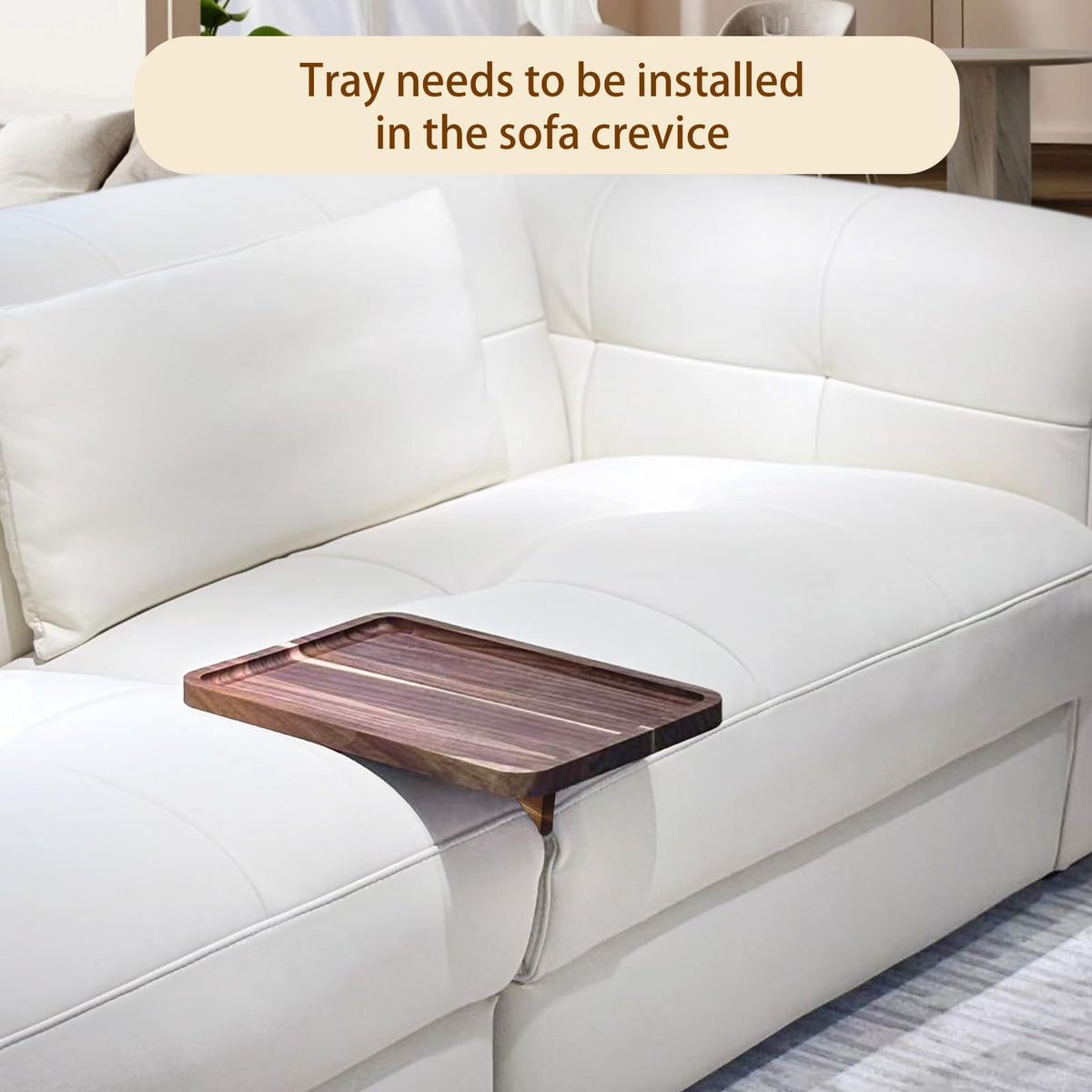 Vibaruta sofa tray close-up shows warm wood grain.