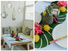 Vibe large palm leaf table runner creates a dramatic tropical centerpiece.