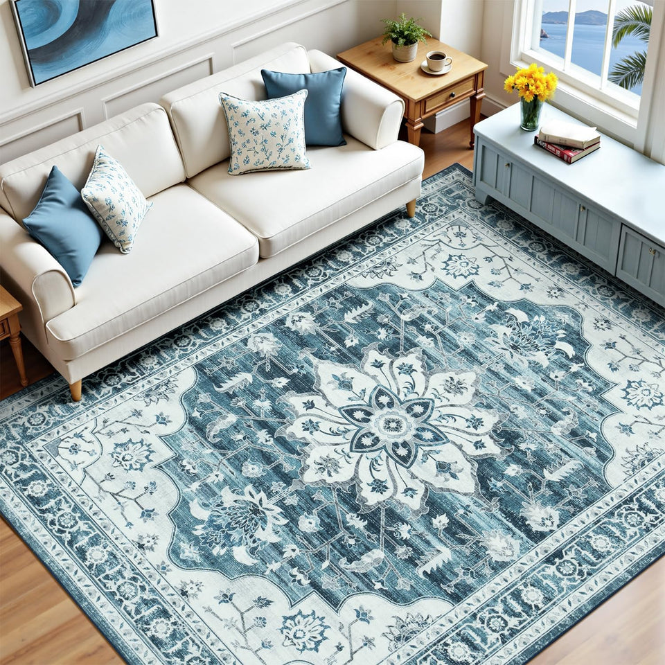 Vibrug 5x7 Coastal Blue White Rug with coastal medallion design for living room style.