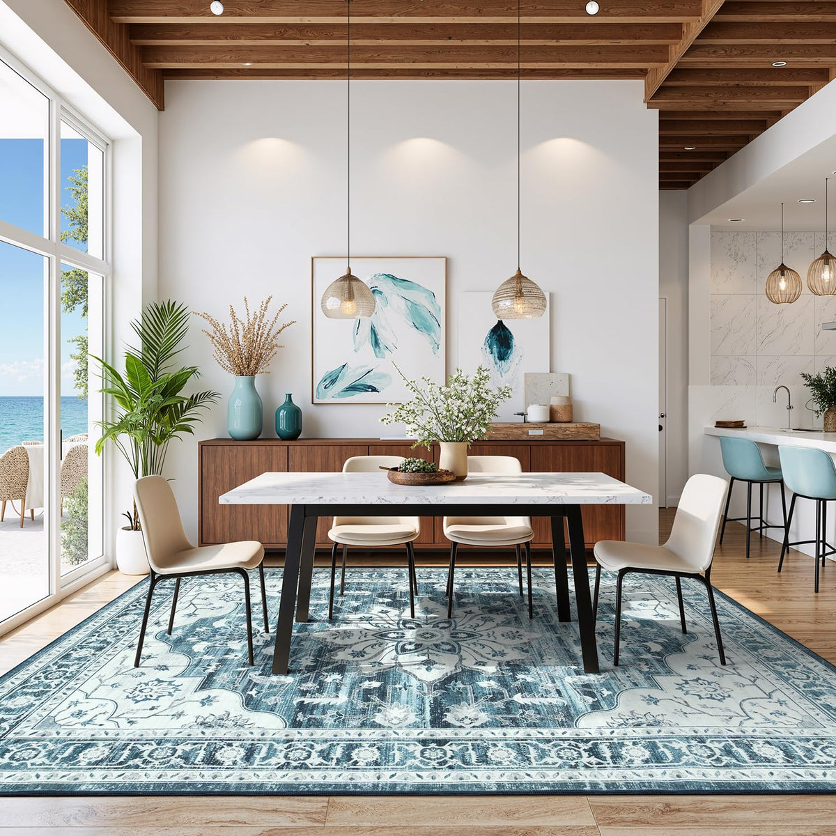 Vibrug distressed wash rug highlights retro coastal vibe for lounge and bedroom.