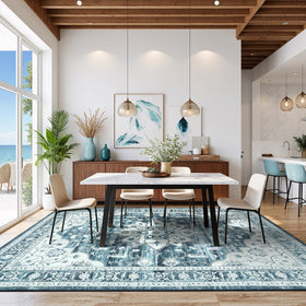 Vibrug distressed wash rug highlights retro coastal vibe for lounge and bedroom.