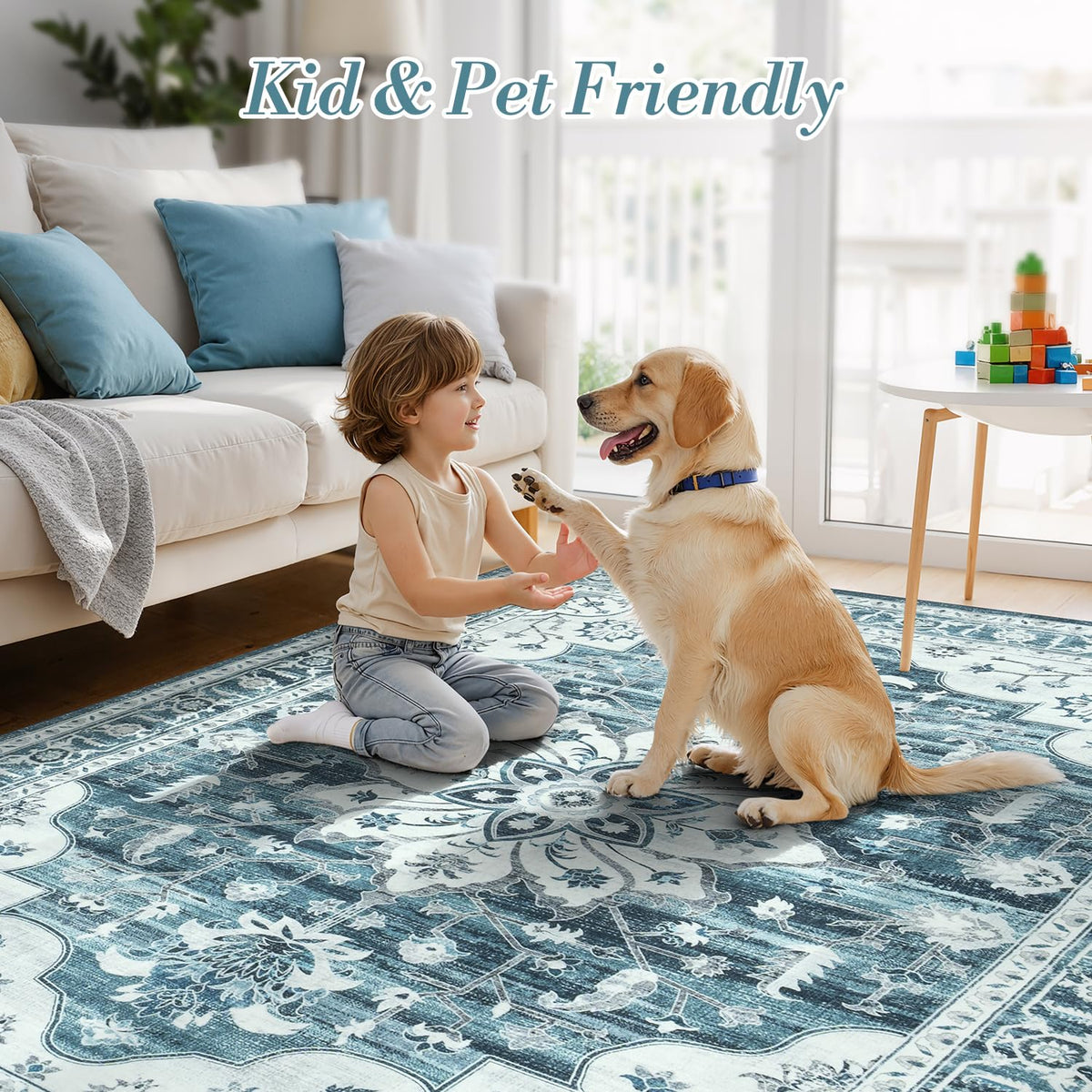 Vibrug machine-washable rug for easy cleanup after spills.