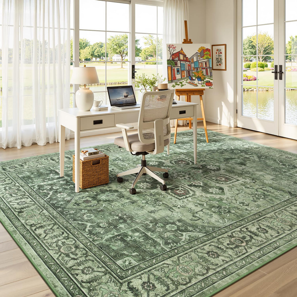 Vibrug Sage Green rug closeup shows dense fibers and convincing faux wool feel.