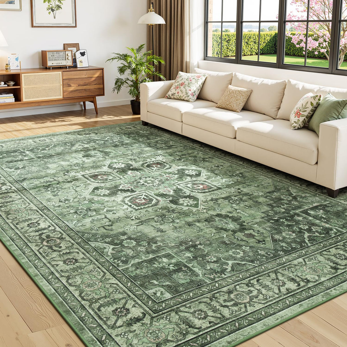 Vibrug Sage Green dining room view highlights durable, non-slip surface for busy meals.