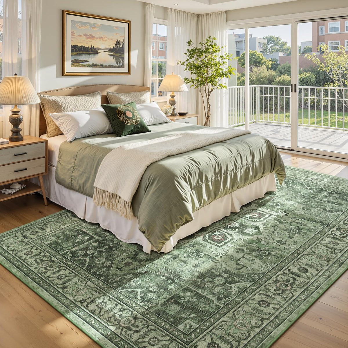 Vibrug Sage Green farmhouse interior angle showing versatile styling and timeless charm.