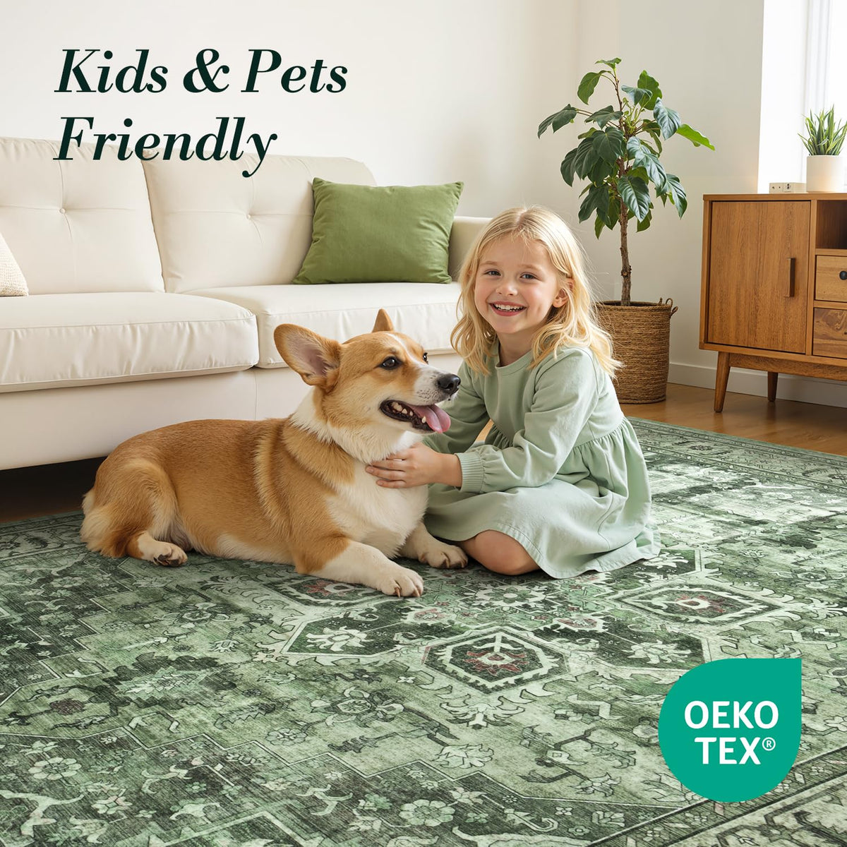 Vibrug Sage Green mood shot adds soft greenery to your décor palette.