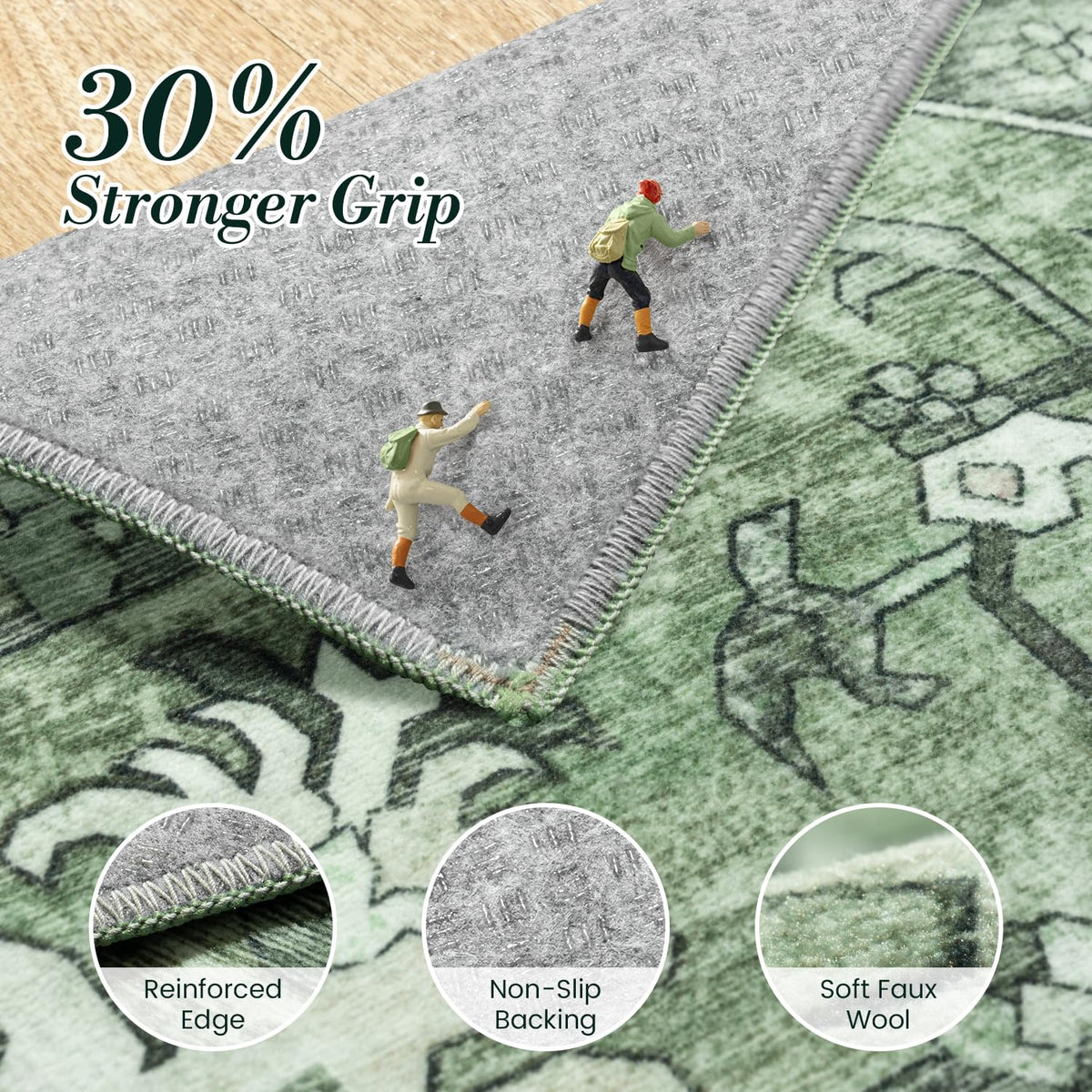 Vibrug Sage Green back detail highlights non-slip backing for stable placement.