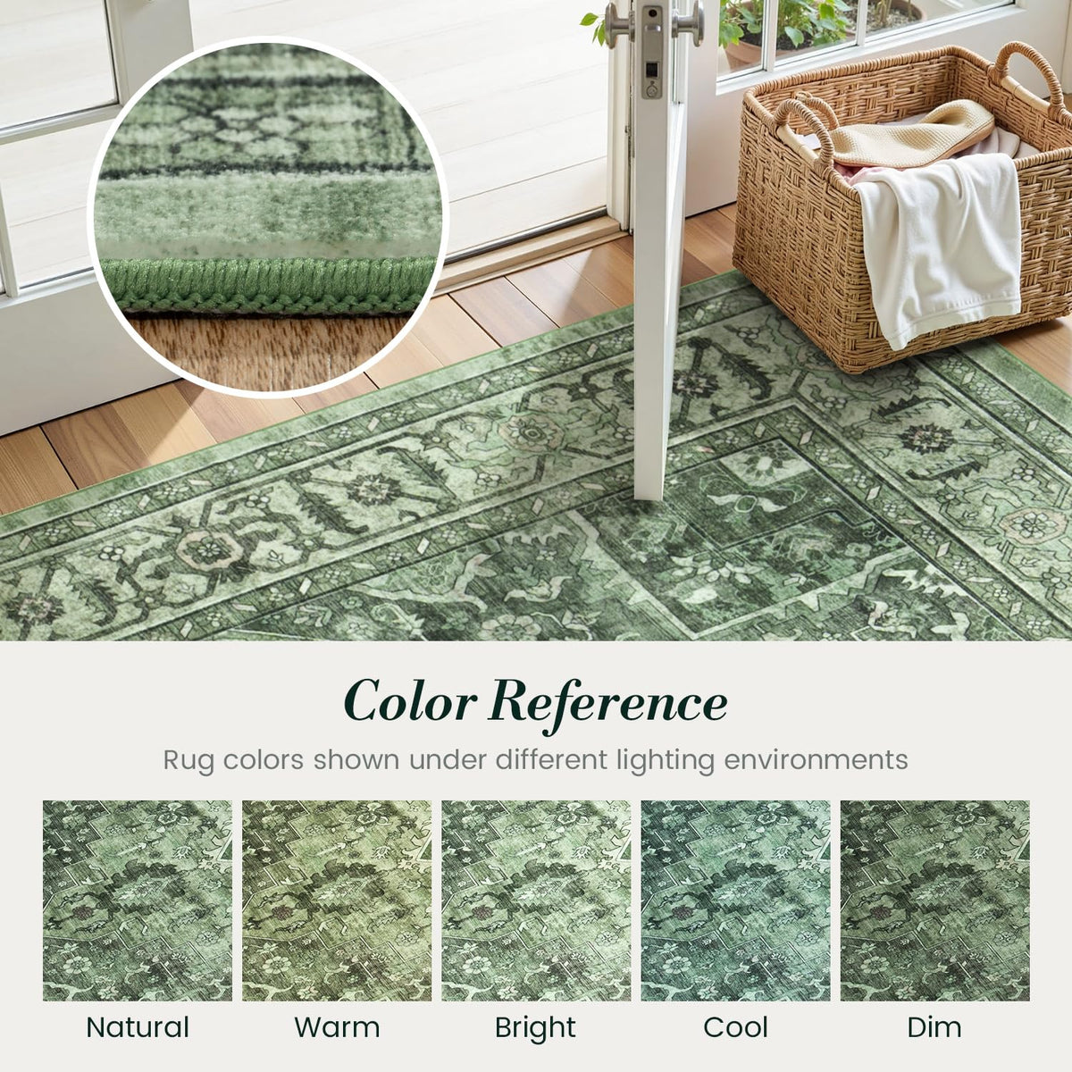 Vibrug Sage Green rug package preview shows folded delivery with care guidance.
