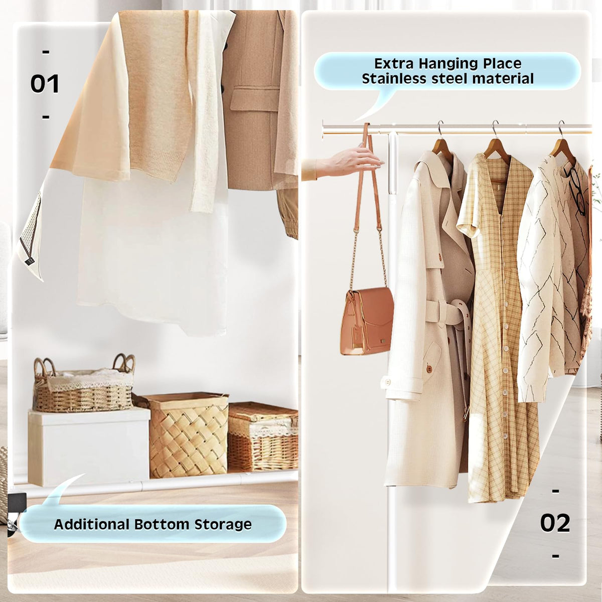 VICERII bottom shelf stores shoes and boxes to maximize space